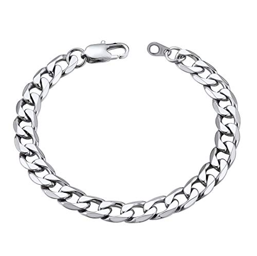 Gourmette Femme Argent 8mm 21cm Bracelet Garçon Acier Inoxydable Chaine Femme Collier Poignet Fille Maille Cubaine Bijoux Cadeau Noël Fête des Pères Mères...