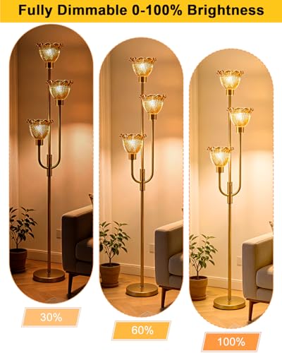 Image of Lightdot 3-Lights Glass Floor Lamp 66IN Modern Gold Dimmable Floor Lamps with 3000K Warm White Bulbs for Wedding Party Tall Standing Lamp with Amber Glass Shade for Living Room /Bedroom /Home Decor