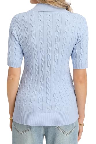 Image of QUALFORT Cable Knit Women's Short Sleeve Sweater Soft V Neck Polo Tops