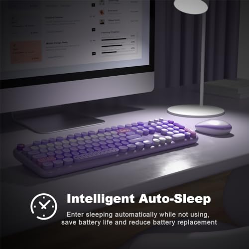 Image of Wireless Keyboard and Mouse, Typewriter Full Size Keyboard with Number Pad and 2 in 1 USB Connected Mouse for Windows 7 /8 /10, Laptop, Desktop, PC, Computer (Purple Colorful)