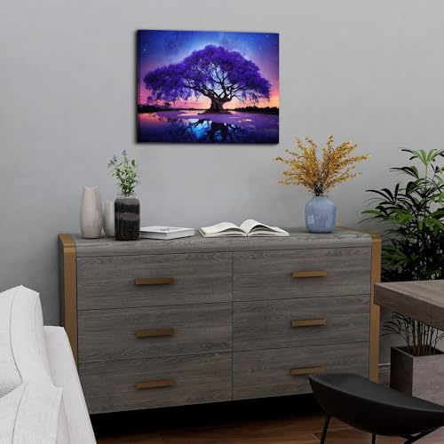 Image of Purple Wall Art for Living Room Tree of Life Wall Decor Abstract Starry Night Forest Landscape Picture Canvas Paintings Space Nebula Scenery Poster Artwork Bedroom Office Home Decorations 12x16 inch