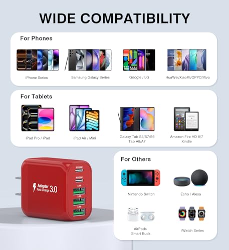 Image of 50W USB C Wall Charger, 2Pack 5-Port C Charger Fast Charging Block PD Power Adapter +QC Multiport Type C Box Brick Cube USB A Wall Plug for iPhone 14 /15 /16 /17 Pro Max, iPad,Samsung Galaxy(Red)