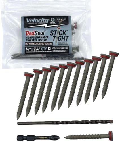 Velocity 2 1/4 Concrete Screws Kit with RedSeal Moisture Barrier (Flat Head, Size 1/4”) – Includes 12 High-Performance Concrete Screw PCS, 1 Drill Bit, and 1 Driver Bit