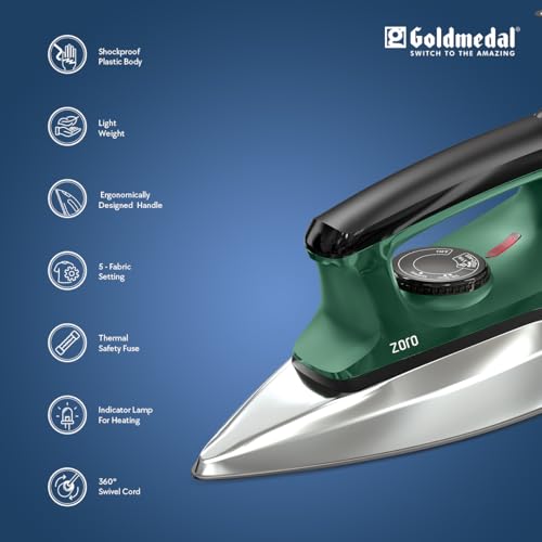 Image of Goldmedal Zoro 1100W Dry Iron| Non-stick Premium Triple Coated Soleplate| 5 Fabric Setting|1.8 Meter Cord|360 Swivel Cord| Indicator Lamp for Heating| 2.5 Years Warranty| Light Weight (Green)