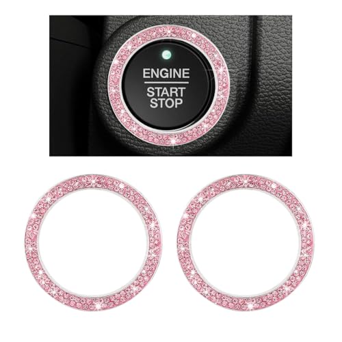 Image of 2 PCS Car Bling Crystal Rhinestone Engine Start Ring Decals, Sparkling Diamond Car Push Start Button Ignition Ring Sticker, Auto Key Ignition Knob Ring Decoration for Women Girls (Pink)