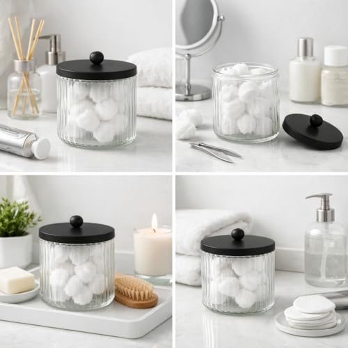2-Pack-Glass-Qtip-Holder-Dispenser-Set-Bathroom-Canister-Storage-Organizer-for-Cotton-Balls-Swabs-Floss-Picks-and-Makeup-Sponges-with-Matte-Black-Metal-Lid-Clear-Vanity-Apothecary-Jars