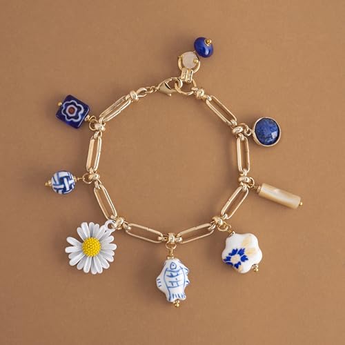 Yellow Tone Brass Paperclip Blue Flower Fish Blue Charm Bracelet3