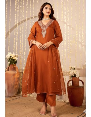 Image of Nermosa Women Embroidery Solid Anarkali Kurta and Pant Set with Dupattas