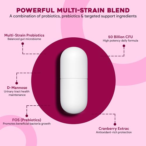Image of Women's Probiotic 50 Billion CFU Capsules | Pre & Probiotics with Cranberry & D-Mannose | Gut, Vaginal & Urinary Health Support | pH Balance & Immunity Formula | 180 Veg Capsules