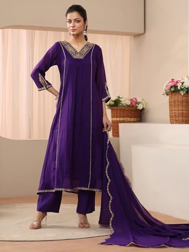 Image of Libas Embellished Silk Blend A Line Kurta With Trouser and Dupatta | ethnic wear | bridal suit | wedding dress | occasion wear