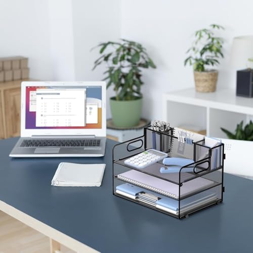 Suptidy Schreibtisch-Organizer mit 3 Etagen, mit Griff und 3 Stifthaltern, Netz-Papier-/Akten-Organizer für den Schreibtisch, Papier-Briefablage für Bürobedarf, Schwarz