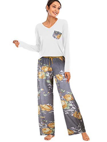 Famulily Women Long Sleeve Pyjamas Set Pjs Set Pyjamas Set for Women Nightwear Soft Comfy Cotton Top & Wide Leg Pajama Lounge Sleepwear Yellow XL - Image 5