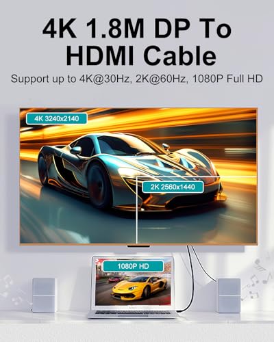 4K Displayport to HDMI Cable 1.8M 4k@30Hz 2k@60Hz 1080p Full HD Gold-Plated Uni-Direction DP 1.2 to HDMI 1.4 Cables Lead Male to Male Multi-Screen Compatible with Monitor, Projector, HDTV, Laptop - Image 4