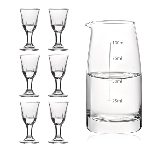 SANDERLA Clear Glass Wine Glass Set with 1 Carafe and 6 Glasses, Featuring White Measurement Markings, Ideal for Spirits and Coffee Drinks