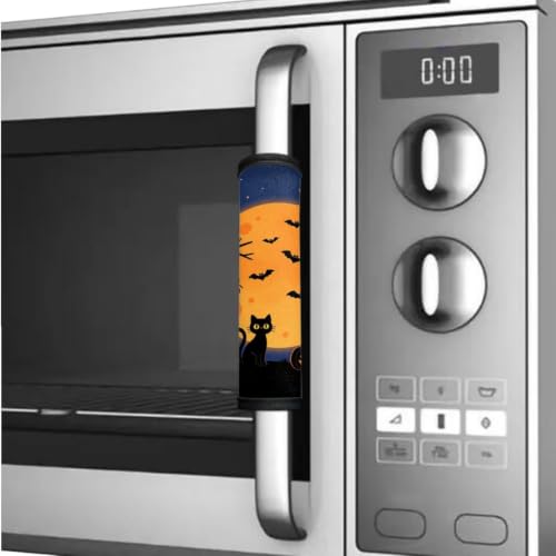 Image of Fridge Door Handle Covers Set of 6 Kitchen Appliance Decor Handles Glove Anti-Slip Protectors Washable Fabric Fall Halloween Decoration, Black Cat Moon Bat Print