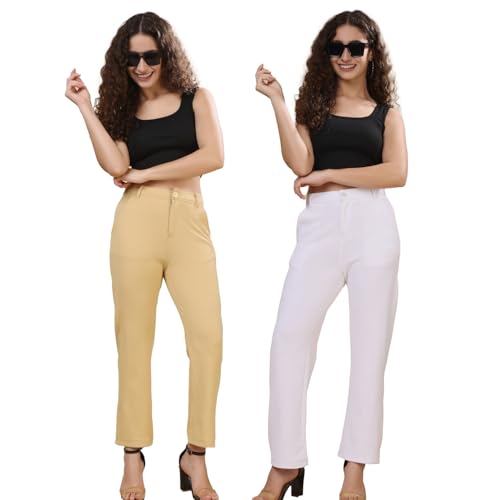 Image of Pack of 2 Women's Regular Fit Solid Cotton Blend Trousers - Soft, Breathable & Stretchable Bottom Wear for Office, Casual Outings & Daily Comfort
