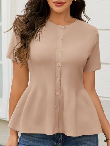 Image of Saodimallsu Womens Short Sleeve Cardigans Ruffle Button Down Crew Neck Peplum Babydoll Knit Sweater Tops