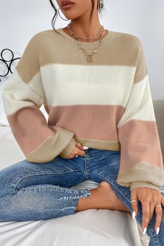 Women's Dusty Pink Color Block Lantern Sleeve Drop Shoulder Sweater4