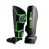MAXX Adult Premium Maya Grain Leather Boxing Shin Guards, Ultimate Instep Pad Leg Protectors for Martial Arts Support (BLACK GREEN, S) - Image 1
