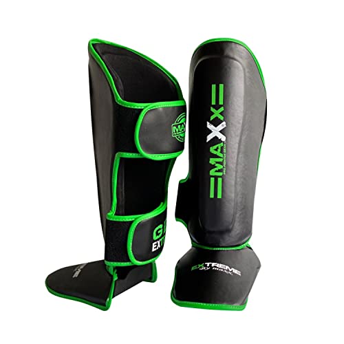 MAXX Adult Premium Maya Grain Leather Boxing Shin Guards, Ultimate Instep Pad Leg Protectors for Martial Arts Support (BLACK GREEN, S)