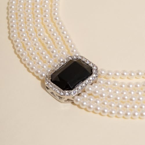 Women Boho Multilayer 1920s Rhinestone Necklaces Green Red Dainty Pearls Layered Choker Necklaces Black Fashion Chunky Pendant Adjustable Layering Chain Necklaces for Women4