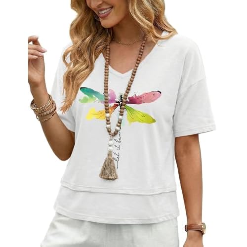 LOMON Women's V Neck 100% Cotton T Shirts Oversized Boxy Cropped Tops Casual Short Sleeve Summer Cute Tees