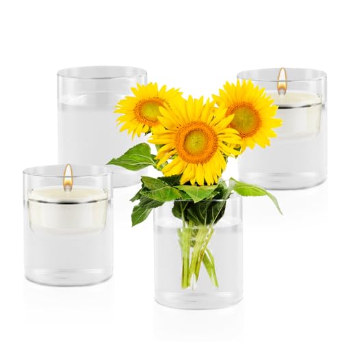 4 Pcs Jarrón Cristal Grande, 8,5 x 10 cm, Florero Decorativos Modernos, Jarrón Cilíndrico de Vidrio, Portavelas Decoracion, Jarrón Transparente Flores Velas, Espesado (10cm)