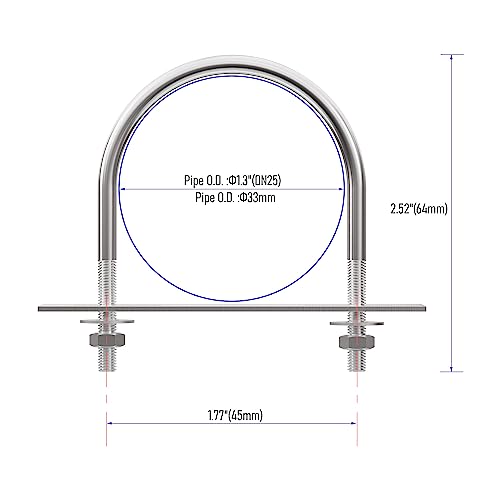 Image of 2 Sets 304 Stainless Steel Round Bend U-Bolts 1.3 inch(33mm) Inner Width 2.52 inch(64mm) Length M10 with Nuts, Frame Plate, Washers, Accessories for Boat Trailer Axle Sailboat Trailer