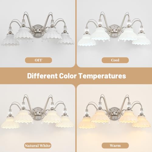 Image of Brushed Nickel Bathroom Vanity Light, 4-Light Nickel Finish Wall Sconce with Hanging Crystal Accents and Flower-Shaped White Glass Shades, Modern Wall Mount Vanity Light Over Mirror for Bathroom
