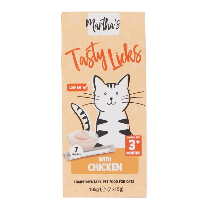 Martha's Cat Tasty Licks Treats Chicken - Low In Fat - No Artificial Preservatives (7 x 15g Pouches)