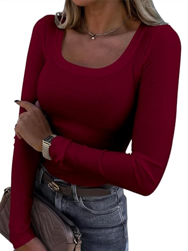 Titimiss Damen U-Ausschnitt Pullover Herbst Stretch Langarmshirt Eng...