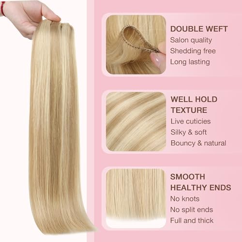 Image of GOO GOO Sew in Hair Extensions Real Human Hair, Weft Hair Extensions Human Hair, 18A /613A Dark Blonde Highlighted Bleach Blonde 20inch 130g, Weft Bundles Straight Silky Remy Hair