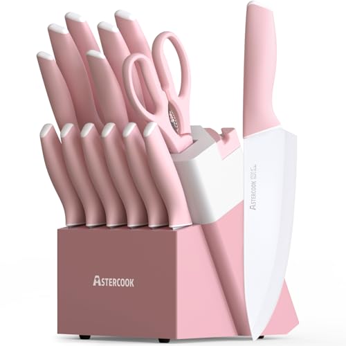 Astercook Knife Set, Kitchen Knives Set with Block and Sharpener Ceramic Coating 15 Pcs German...