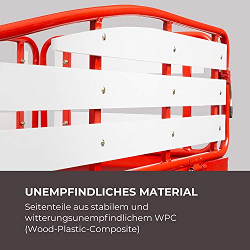Waldbeck Ventura Handwagen Bollerwagen Einkaufswagen, extra breite Reifen: 9 cm, klappbare Seitenteile aus Wood-Plastic-Composite, Ladefläche: 50 x 100 cm / 0,5 m², Rahmenhöhe: 32 cm, rot – Bild 4