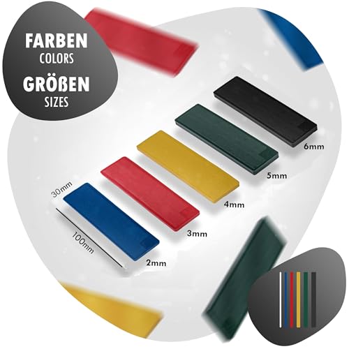 INTAKO Verglasungsklötze Kunststoff - 30 x 100 mm - Sechs Höhen von 2 bis 6 mm - Abstandhalter - Distanzklötze - Unterlegplatten - Fensterklötze (30mm - 2-6mm - 200 Stück (Kunststoffbox))