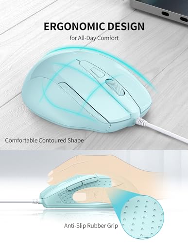 Image of TECKNET Wired Mouse, 6-Button Corded with 4 Adjustable DPI, Ergonomic Optical Mouse, 5FT Cord for Laptop, Chromebook, PC, Desktop, Mac, Notebook - LT.Green