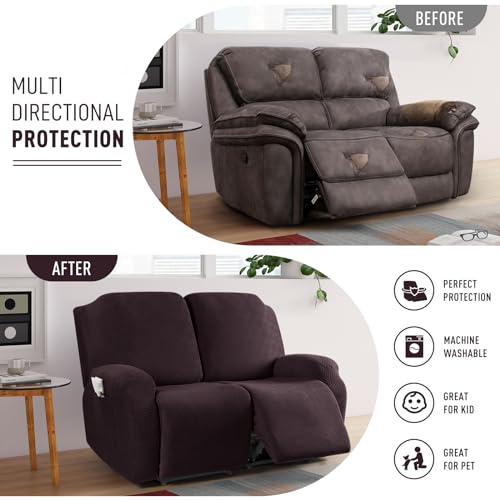 KinCam Recliner Covers, Stretch Reclining Chair Covers, Recliner Sofa Slipcovers Stripe Jacquard Recliner Couch Covers Furniture Protector Covers for Pet Kid (2XL Seater, Dark Coffee)