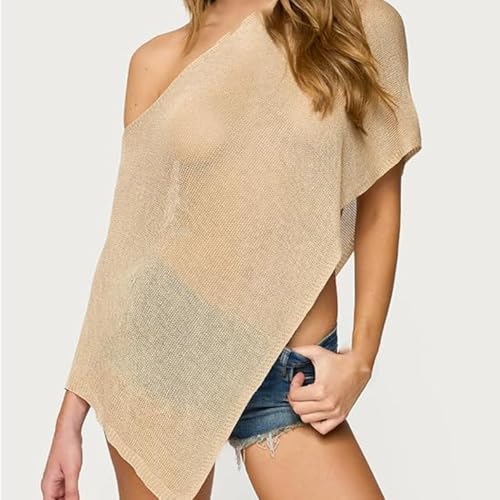Asymmetric Knit Poncho, Women Sheer Knit Poncho, Top Lightweight Knit Shrug Shawl Off The Shoulder Mesh Blouse Cover Up Tops2
