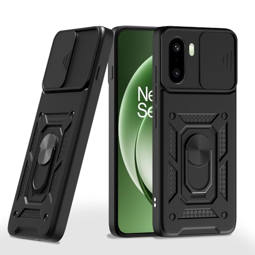 Image of Pikkme Back Cover for OnePlus 15R 5G | 360 Protection Case | Sliding Camera Shield Cover & Ring Holder Stand D10 Tough Armor Bumper Case (Black)