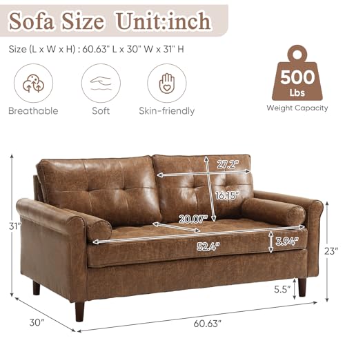 JEEOHEY Small Couch, 60 Inch Mid-Century Modern Faux Leather Upholstered Loveseat Sofa Furniture for Small Space, Living Room, Bedroom, 2 Throw Pillows, Rolled Arm, Back Cushion, Brown