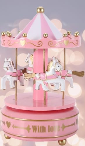 AIDIER Luminous Musical Carousel Horse Music Box with LED lights Wind up 4-Horse Rotating Musical Figurine Vintage Dream Merry-Go-Round Gifts Xmas Carousel Ornament Decoration