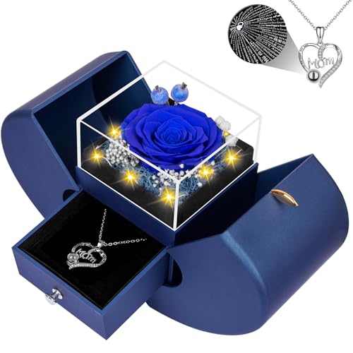 Lebana Gifts for Mom from Daughter and Son, Unique Mother Birthday Gift Idea, Preserved Blue Real Roses with I Love You in 100 Languages Mom Necklace, Cool Present to Mother Mama-Blue