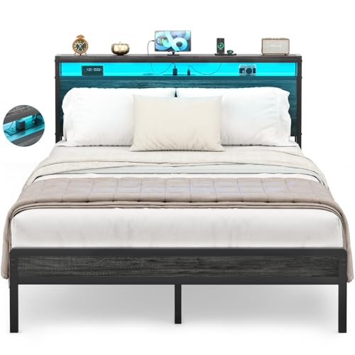Homieasy Full Size Bed Frame with Headboard, Metal Full Bed Frames with Charg...