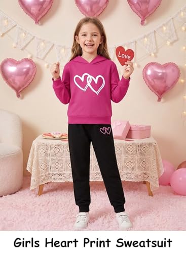 Image of Cute Girls Heart Print Sweatsuit - Casual Valentines Kids Clothes Long Hooded Sweatshirt Pants Fall Winter Outfits