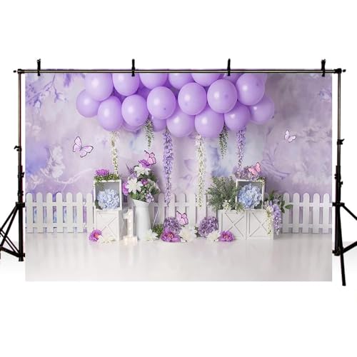 MEHOFOND 2.1 x 1.5 m, telón de fondo de fotografía de niña morada, globo de flores, mariposas, jardín, retrato, fondo para baby shower, pastel, fiesta de cumpleaños, decoración de fiesta de