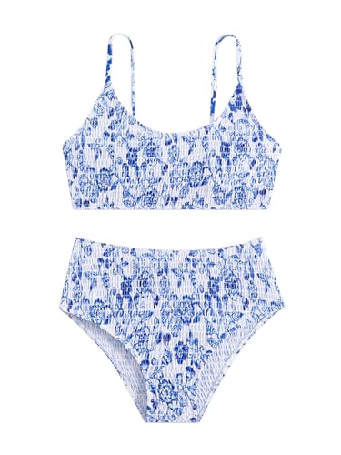 Image of Girl's Two Piece Set Shirred Porcelain Print Bikini Set High Waisted Swimsuit Bathing Suit Blue 16Y