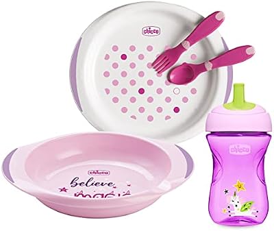 Chicco Set Vajilla Silicona Bebé, Juego Menaje Infantil para Destete con Plato Térmico, Plato Come Fácil, Vaso de Aprendizaje para Bebé y Cuchara de Silicona, Vajilla Infantil 12 Meses+, Rosa