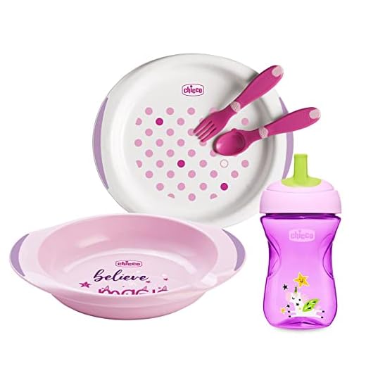 Chicco - Set completo comida, incluye platos + cubiertos + vaso, 12 m+, rosa