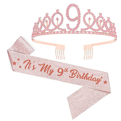 Paillettes et couronne d'anniversaire rose avec écharpe pour fille 9 ans