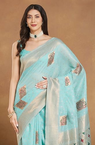 Image of Janasya Women's Sea Green Linen Blend Ethnic Motifs Woven Design Jacquard Saree with Blouse Piece